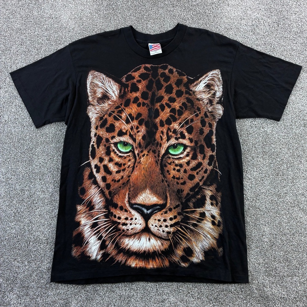 Vintage Leopard Shirt Mens XL Black Big Graphic Nature USA Trinity Products